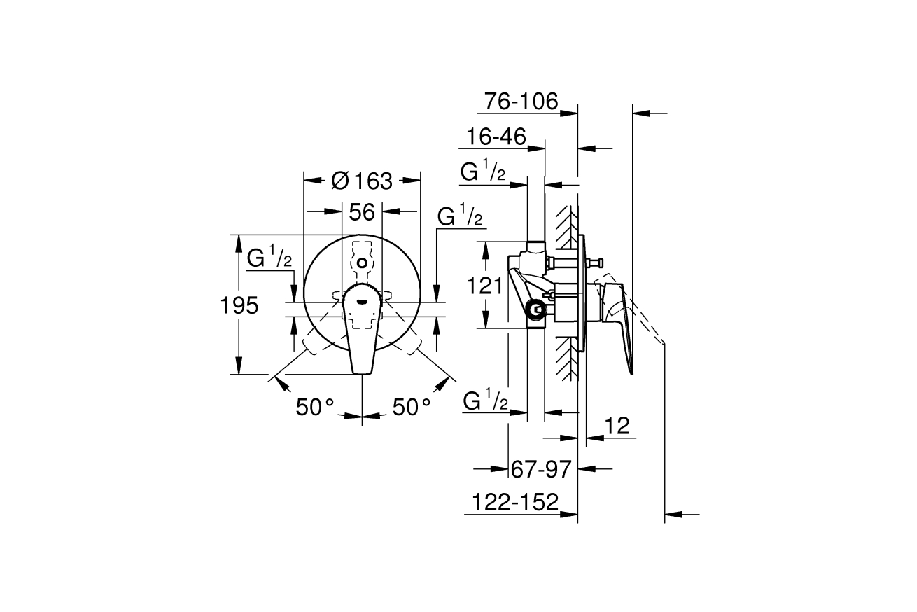 Смеситель для ванны GROHE BauEdge в комплекте с монтажной частью, хром (29079001)
