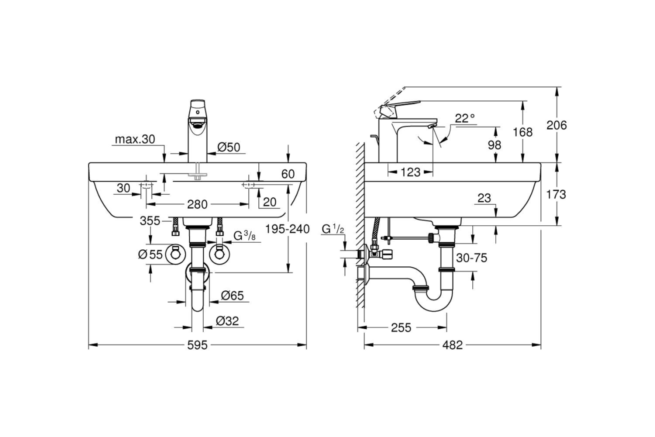 Набор для ванной GROHE Euro, раковина 60 + смеситель Eurosmart Cosmopolitan (39642000)