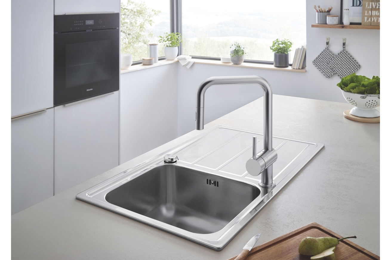 Смеситель для кухни GROHE Minta с вытяжным душем, U-образный излив, суперсталь (32322DC2)