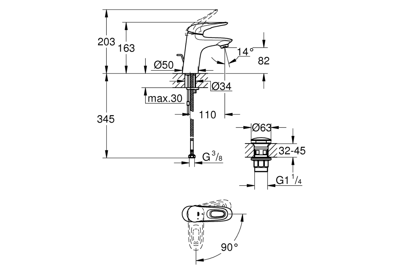 Смеситель для раковины GROHE Eurostyle, S-size, хром (23930003)