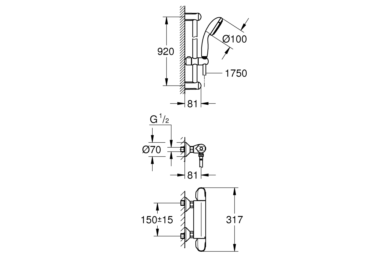 Термостат для душа GROHE Grohtherm 1000 с душевым гарнитуром, хром (34824004)