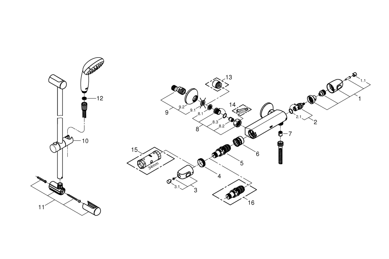 Термостат для душа GROHE Grohtherm 1000 с душевым гарнитуром, хром (34824004)