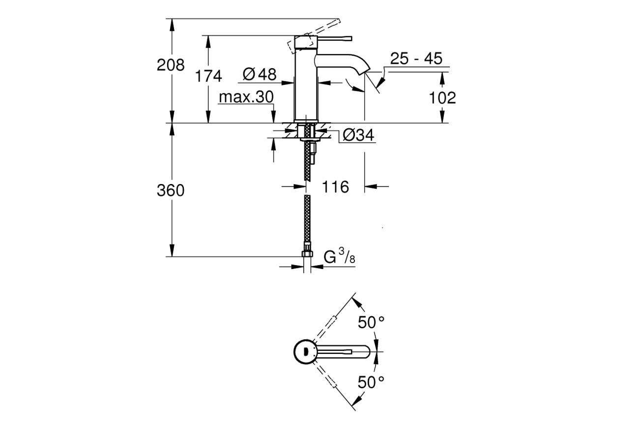 Смеситель для раковины GROHE Essence без донного клапана, S-size, суперсталь (24172DC1)