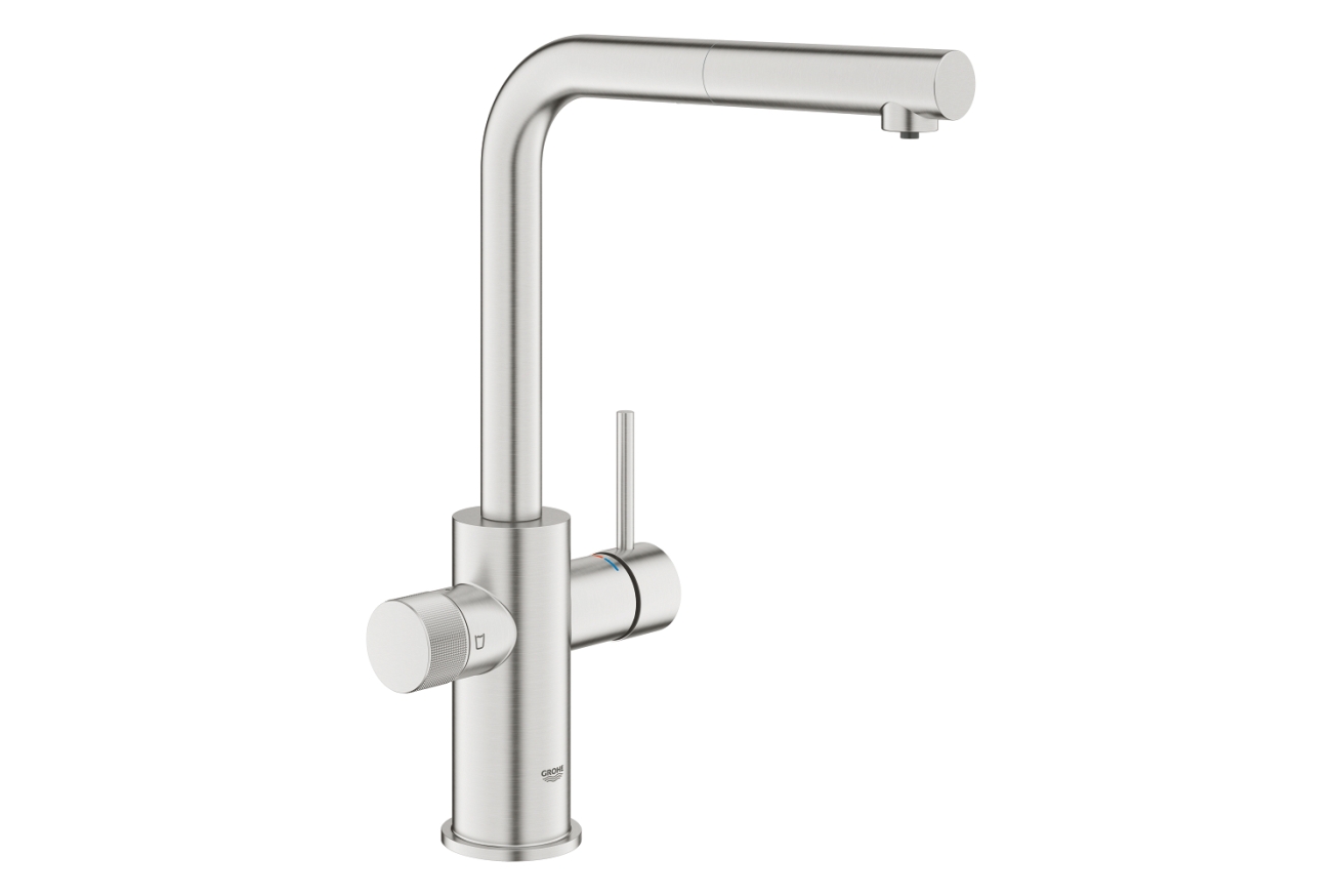 Смеситель для кухонной мойки GROHE Blue Pure Minta c вытяжным изливом, функцией фильтрации, без фильтра в комплекте, суперсталь (30601DC0)