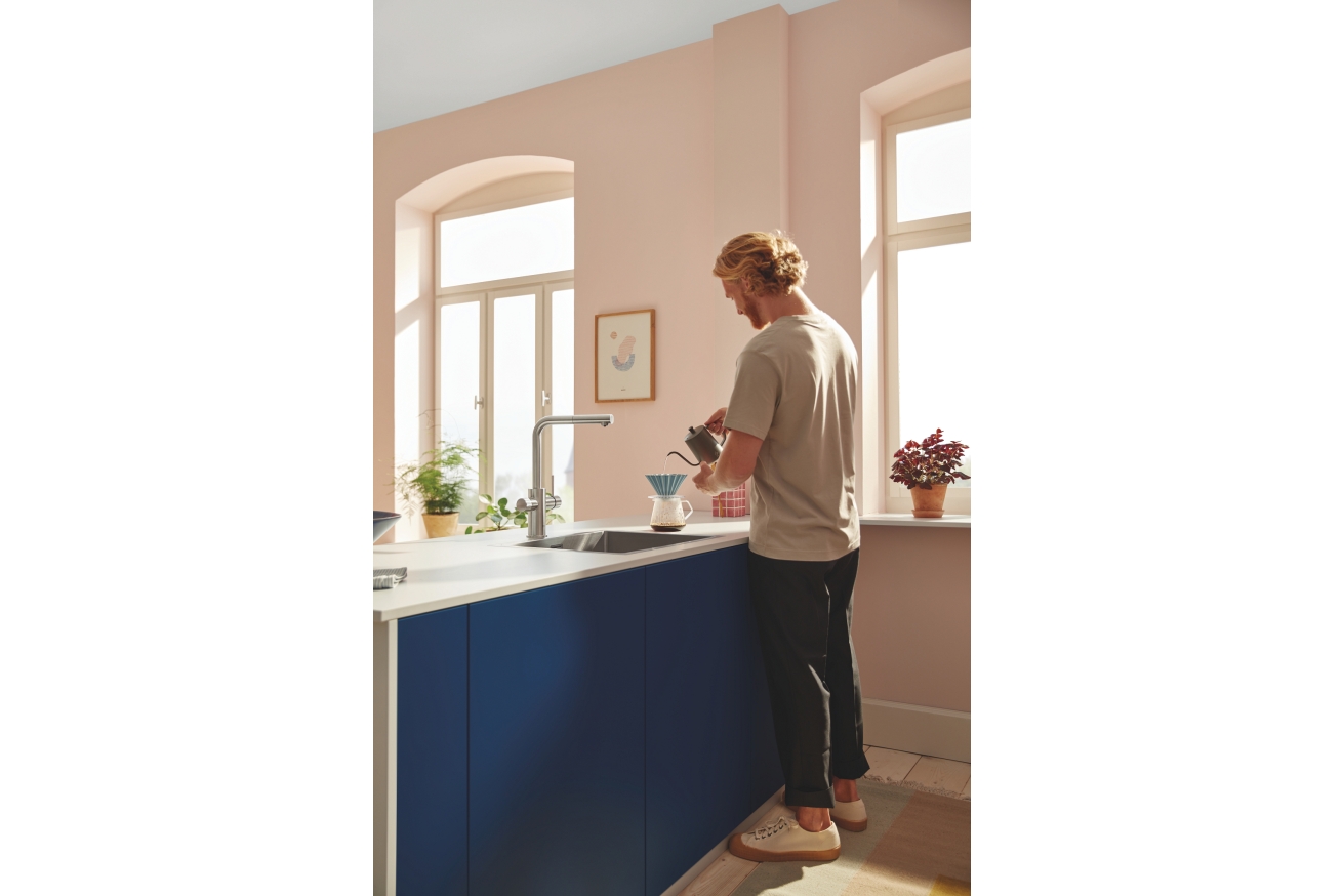 Смеситель для кухонной мойки GROHE Blue Pure Minta c вытяжным изливом, функцией фильтрации, без фильтра в комплекте, суперсталь (30601DC0)