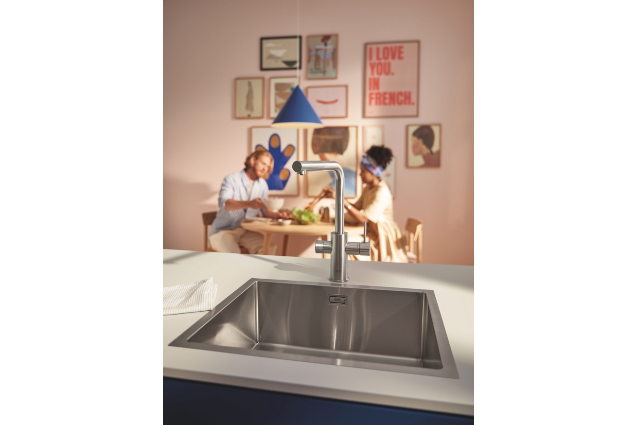 Смеситель для кухонной мойки GROHE Blue Pure Minta c вытяжным изливом, функцией фильтрации, без фильтра в комплекте, суперсталь (30601DC0)