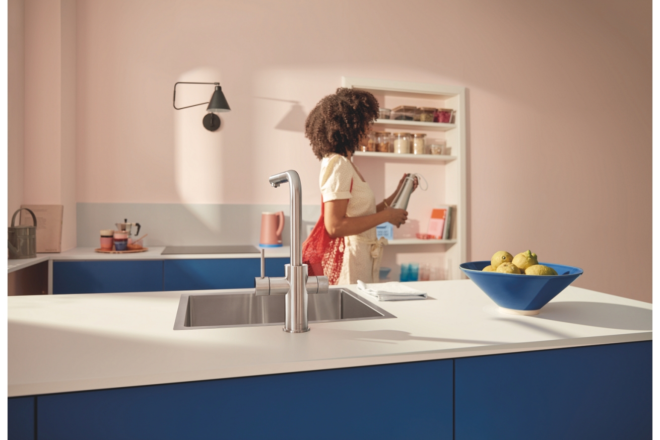 Смеситель для кухонной мойки GROHE Blue Pure Minta c вытяжным изливом, функцией фильтрации, без фильтра в комплекте, суперсталь (30601DC0)