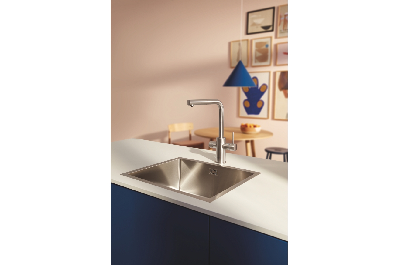 Смеситель для кухонной мойки GROHE Blue Pure Minta c вытяжным изливом, функцией фильтрации, без фильтра в комплекте, суперсталь (30601DC0)