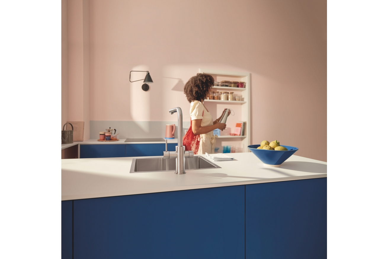 Смеситель для кухонной мойки GROHE Blue Pure Minta c вытяжным изливом, функцией фильтрации, без фильтра в комплекте, суперсталь (30601DC0)