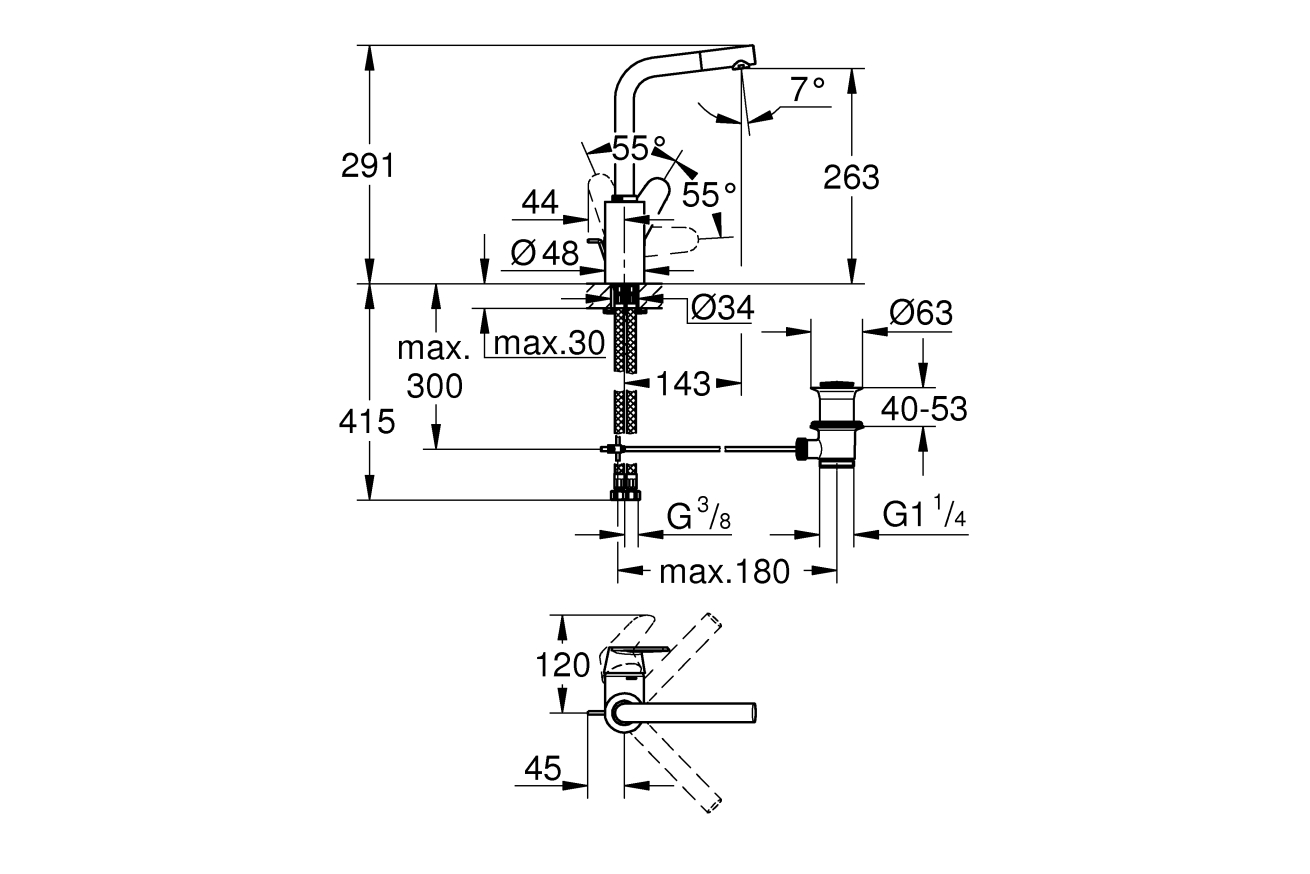 Смеситель для раковины GROHE Eurodisc Cosmopolitan с донным клапаном, L-size, хром (23054003)