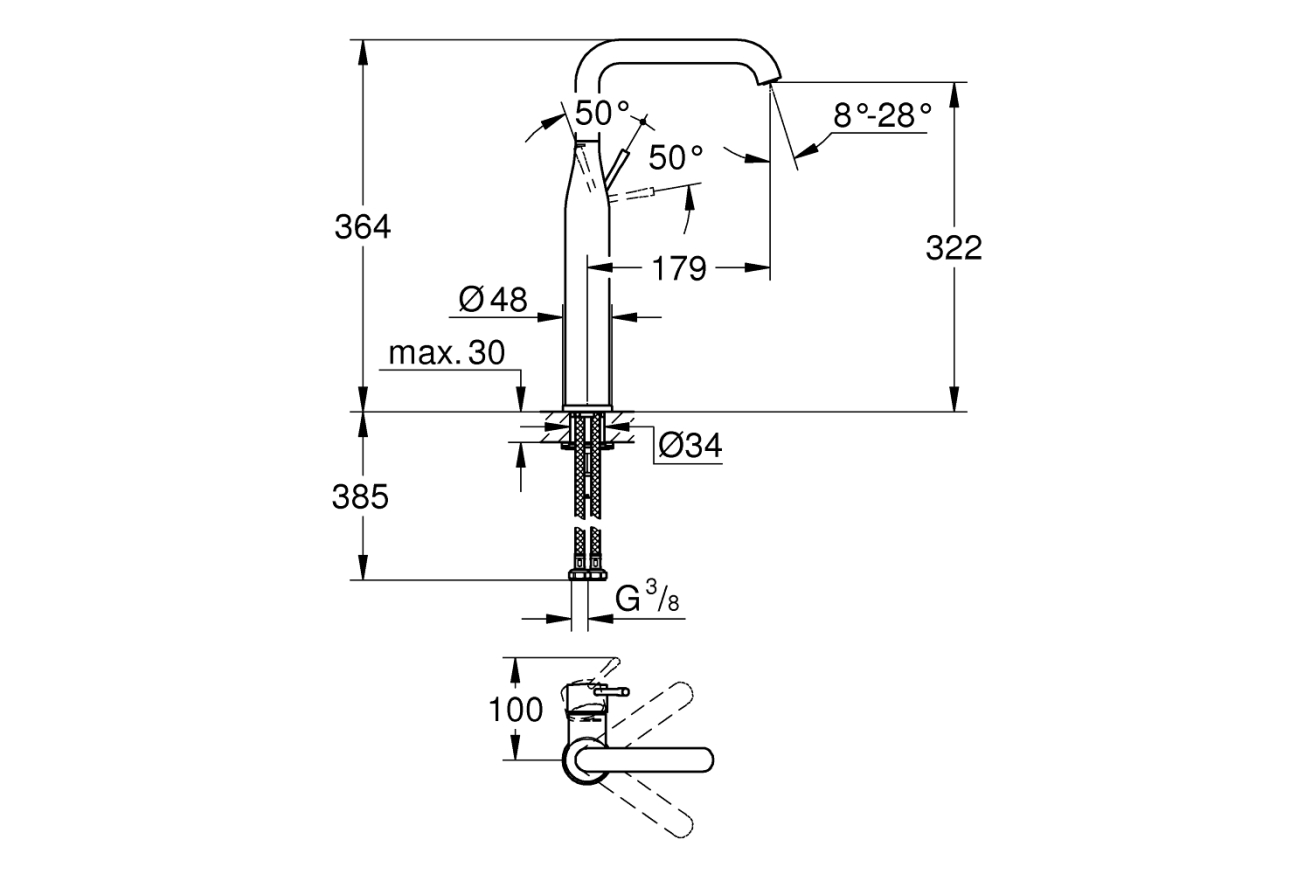 Смеситель для раковины GROHE Essence без донного клапана, XL-size, холодный рассвет глянец (24170GL1)