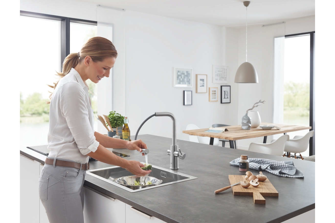 Смеситель для кухни GROHE Blue Home с системой фильтрации, охлаждения и газирования воды, Wi-Fi, суперсталь (31539DC0)