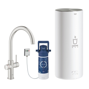 Комплект для кухни GROHE Red Duo с C-образным смесителем, бойлером L-Size и фильтром, суперсталь (30079DC1)