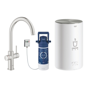 Комплект для кухни GROHE Red Duo с C-образным смесителем, бойлером M-Size и фильтром, суперсталь (30083DC1)