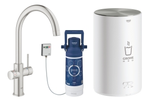 Комплект для кухни GROHE Red Duo с C-образным смесителем, бойлером M-Size и фильтром, суперсталь (30083DC1)