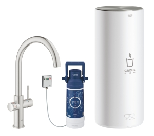 Комплект для кухни GROHE Red Duo с C-образным смесителем, бойлером L-Size и фильтром, суперсталь (30079DC1)