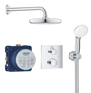 Набор для комплектации душа GROHE Grohtherm: встраиваемый Термостатический смеситель с переключателем верхний-ручной душ, квадратная розетка, верхний душ Tempesta 210 с кронштейном, ручной душ с подключением и шлангом, хром (34729000)